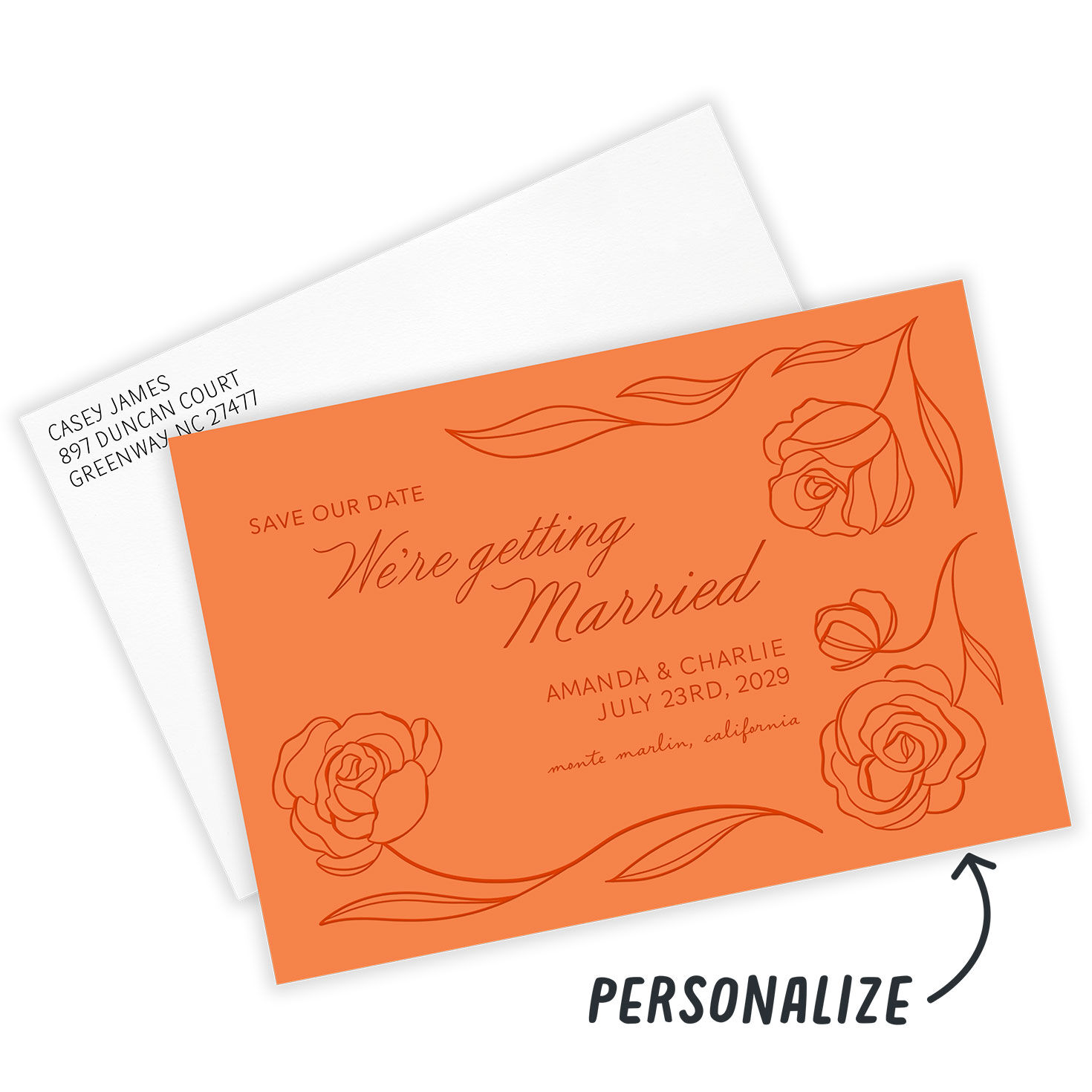 Orange Rose Stems Personalized Save the Date Card Card front with Envelope indicating personalization image number 2