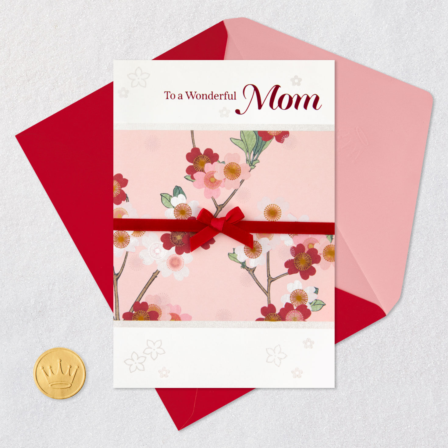 Cherry Blossom Flowers Mom Valentine's Card Card Front with Envelope and Gold Seal image number 5