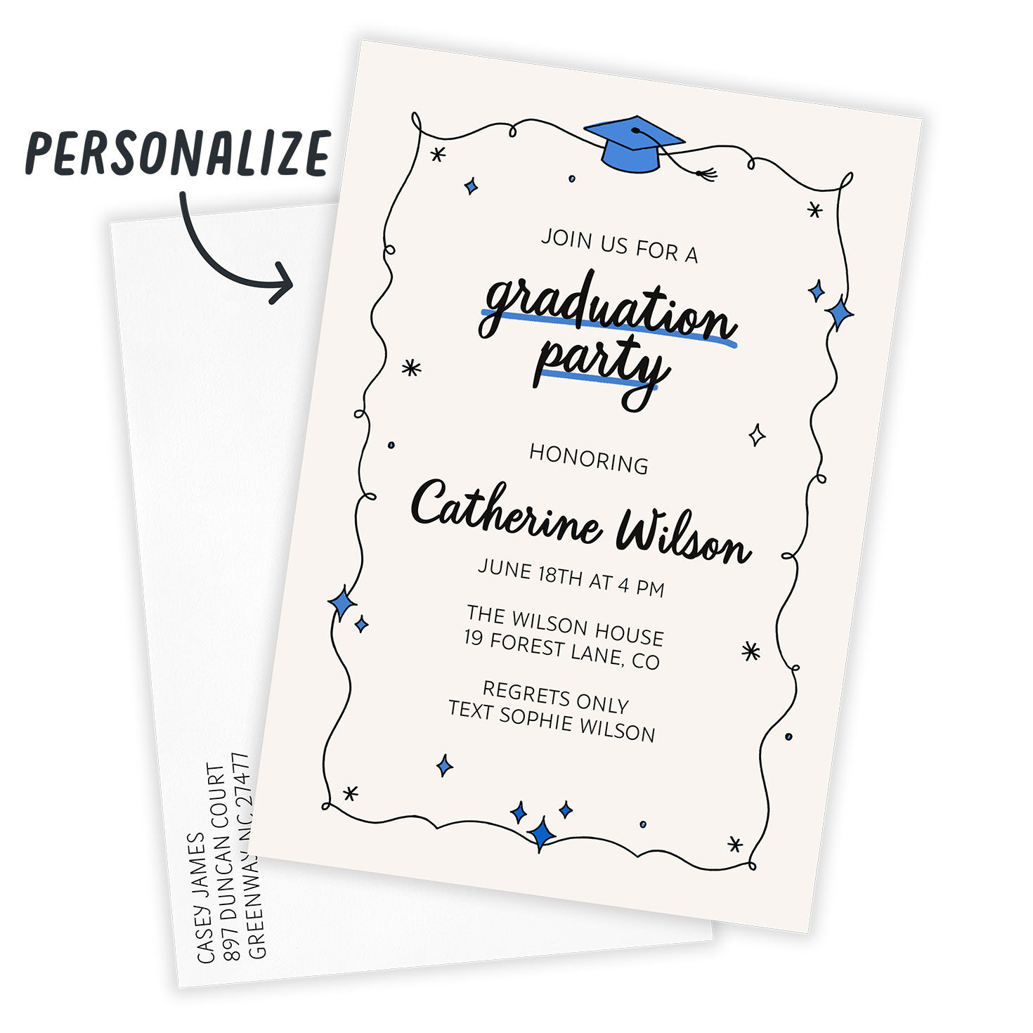 Doodle Line Border and Stars Grad Party Invitation Card Front indicating personalization image number 2