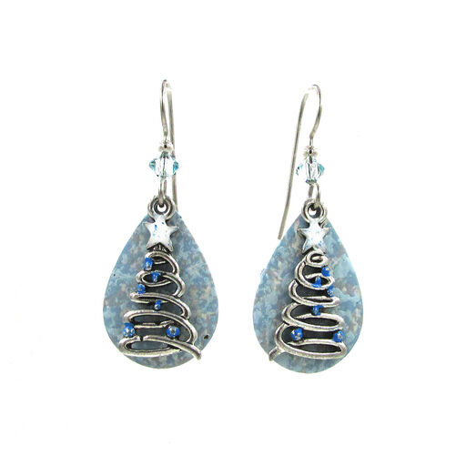Silver-Tone Swirl Holiday Tree Layered Metal Earrings w/ Crystals, 