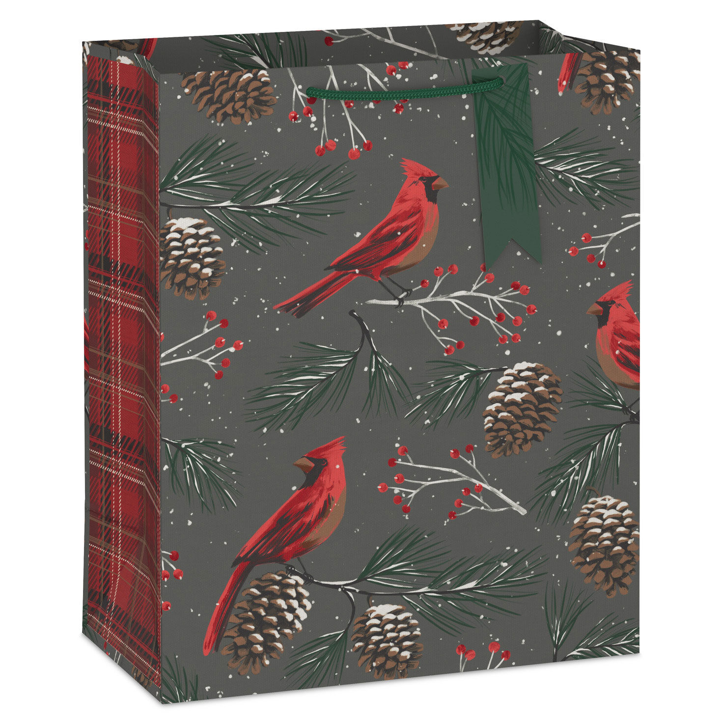 13" Cardinals and Pine Cones on Gray Large Christmas Gift Bag With Gift Tag