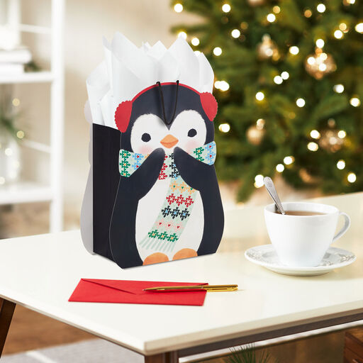 9.6" Penguin in Earmuffs Medium Christmas Gift Bag, 