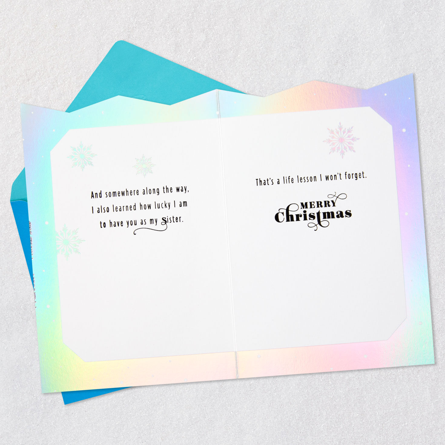 Snowflakes and Pine Branches Sister Christmas Card Open card with envelope image number 4