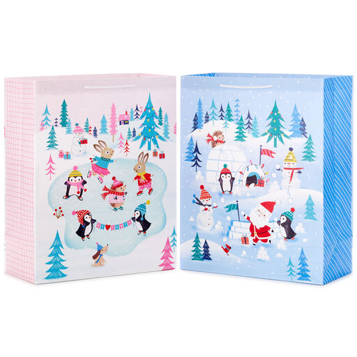 15.5" Cute Winter Scenes 2-Pack XL Christmas Gift Bags, 