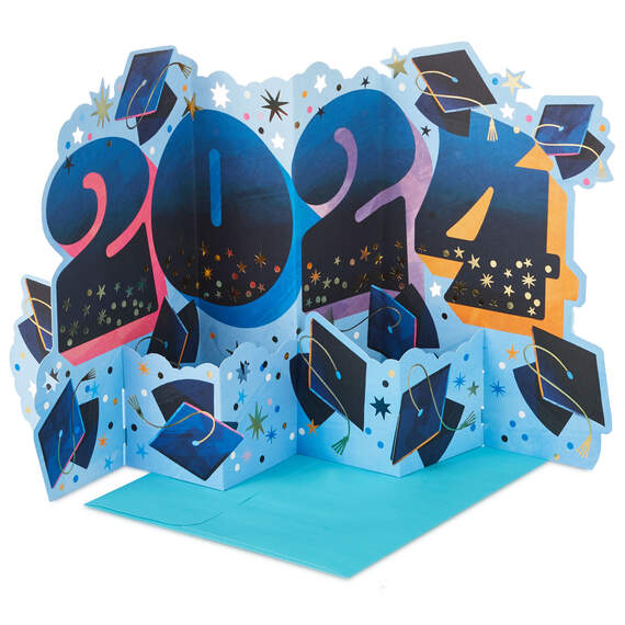 Jumbo  Mortarboard Caps and Stars 3D Pop-Up 2024 Graduation Card, , large image number 1