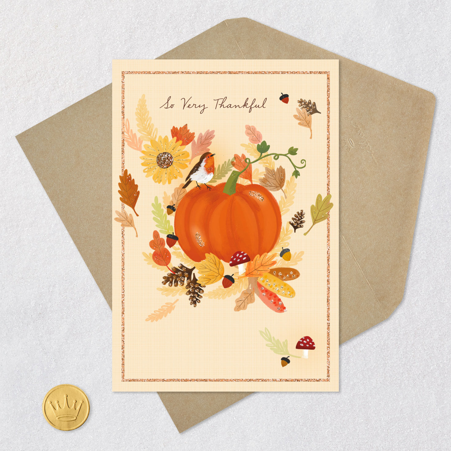 Vintage Fall Scene Thanksgiving Card Card Front with Envelope and Gold Seal image number 5