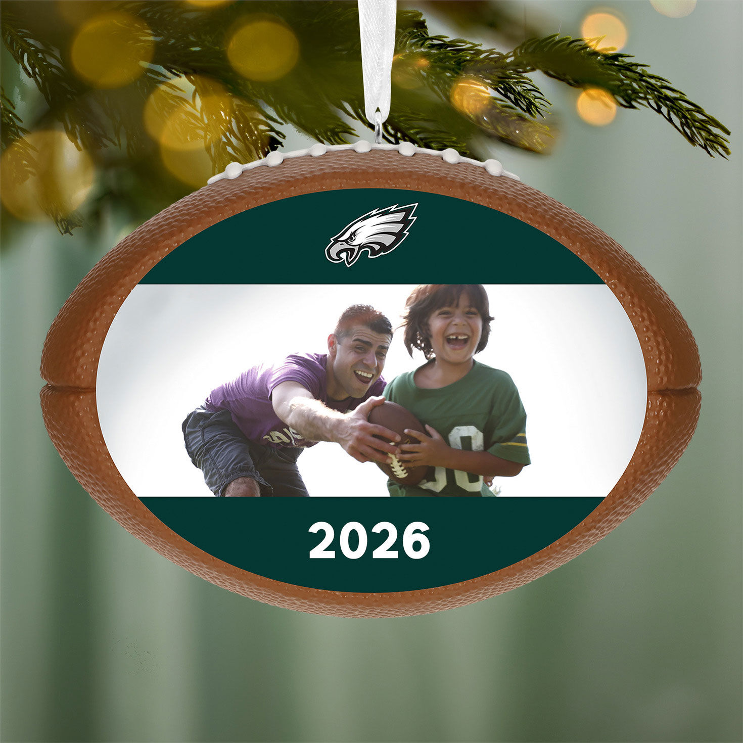 NFL Football Philadelphia Eagles Text and Photo Personalized Ornament hanging on tree image number 4
