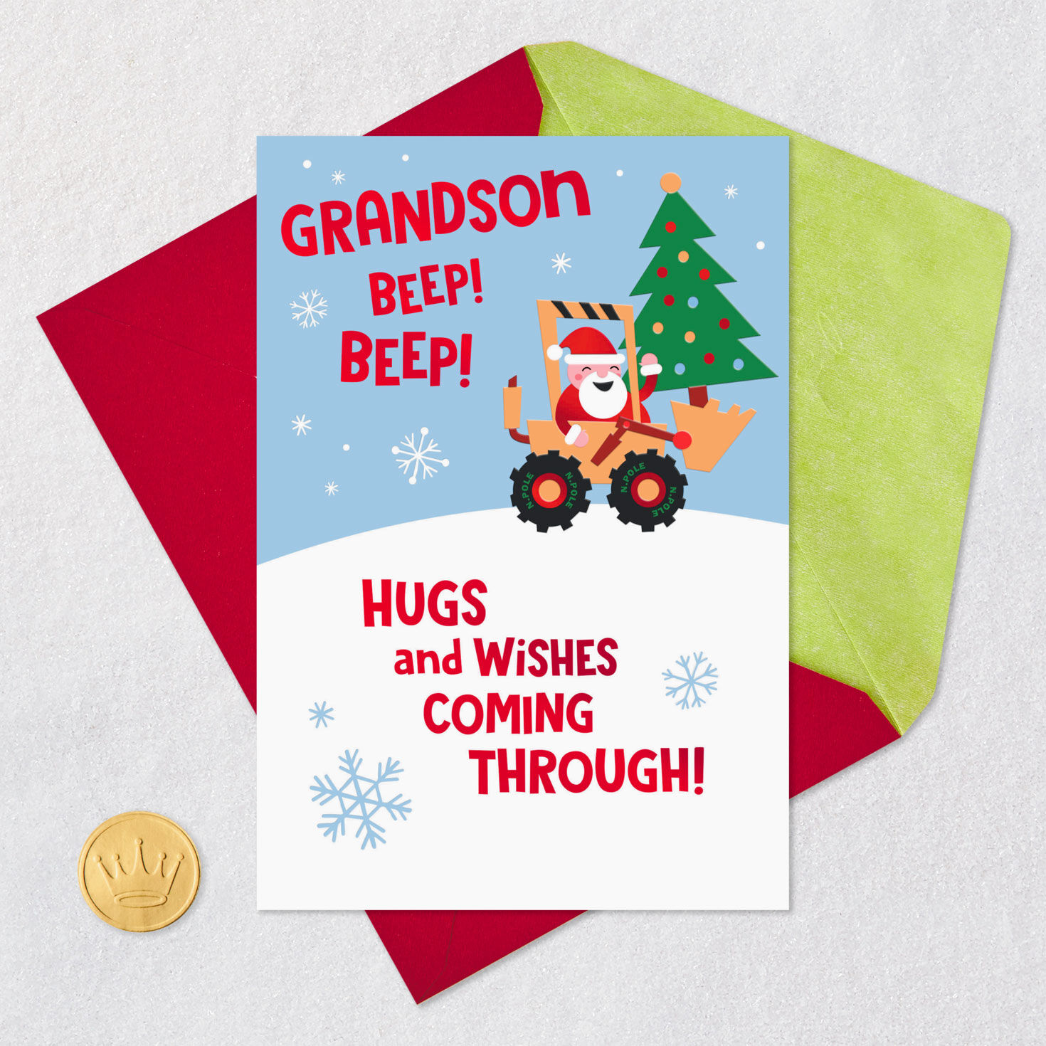 Santa Construction Truck Christmas Card for Grandson Card Front with Envelope and Gold Seal image number 5