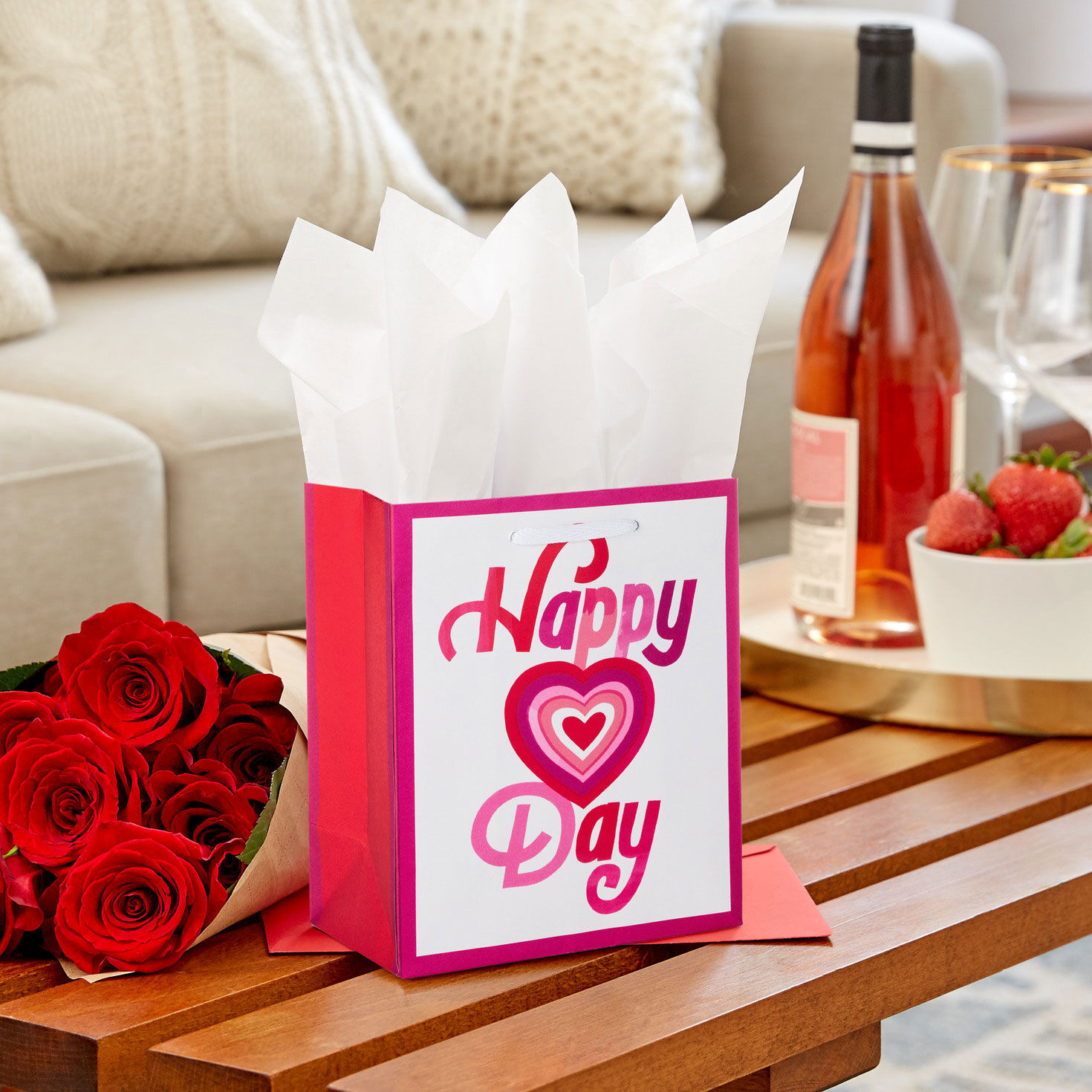 Small Valentine's Day Gift Bag With Tissue Paper in use image number 2