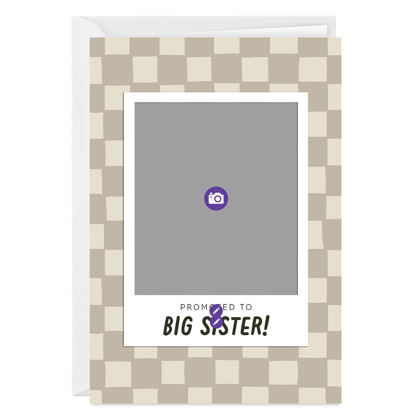 Brown Checkerboard Frame Personalized Baby Card Card Front indicating personalization image number 3