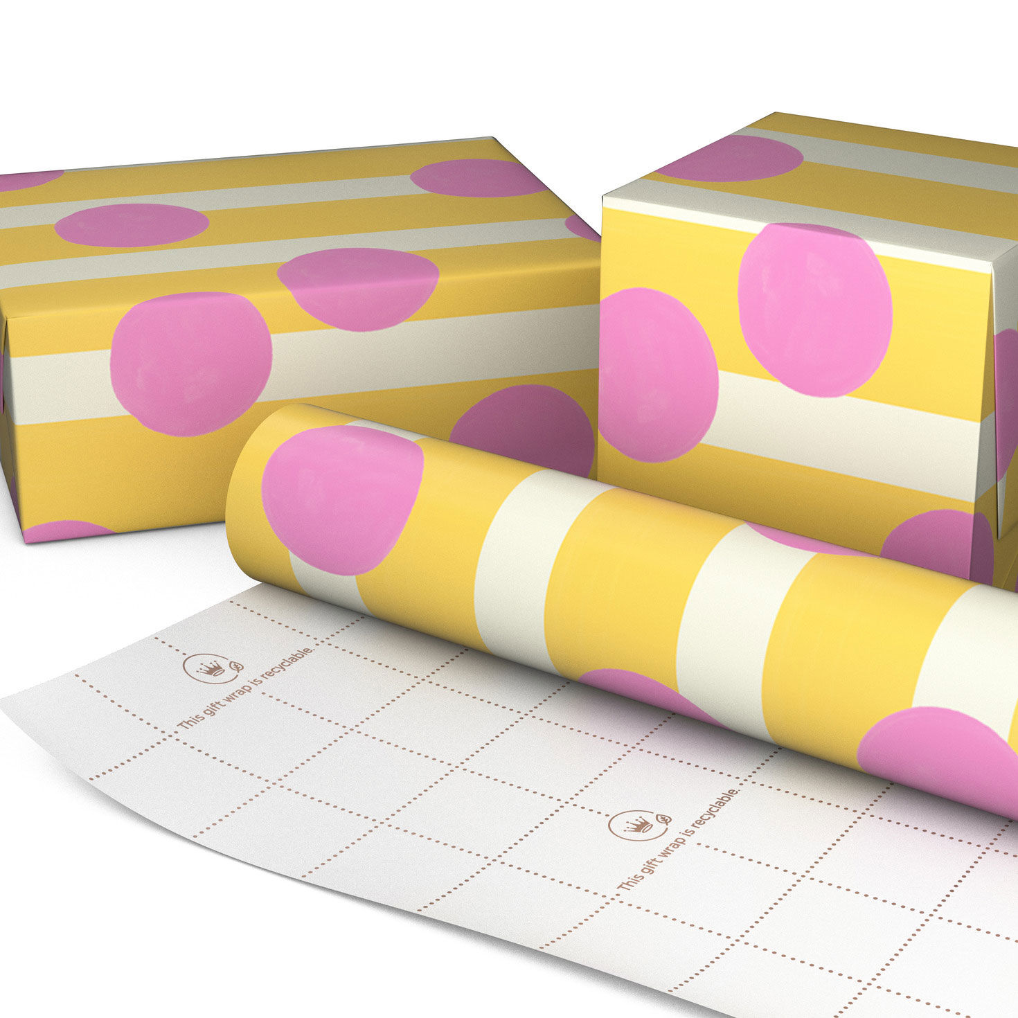 Yellow and White Stripes and Pink Dots Gift Wrap Wrapped package image number 2