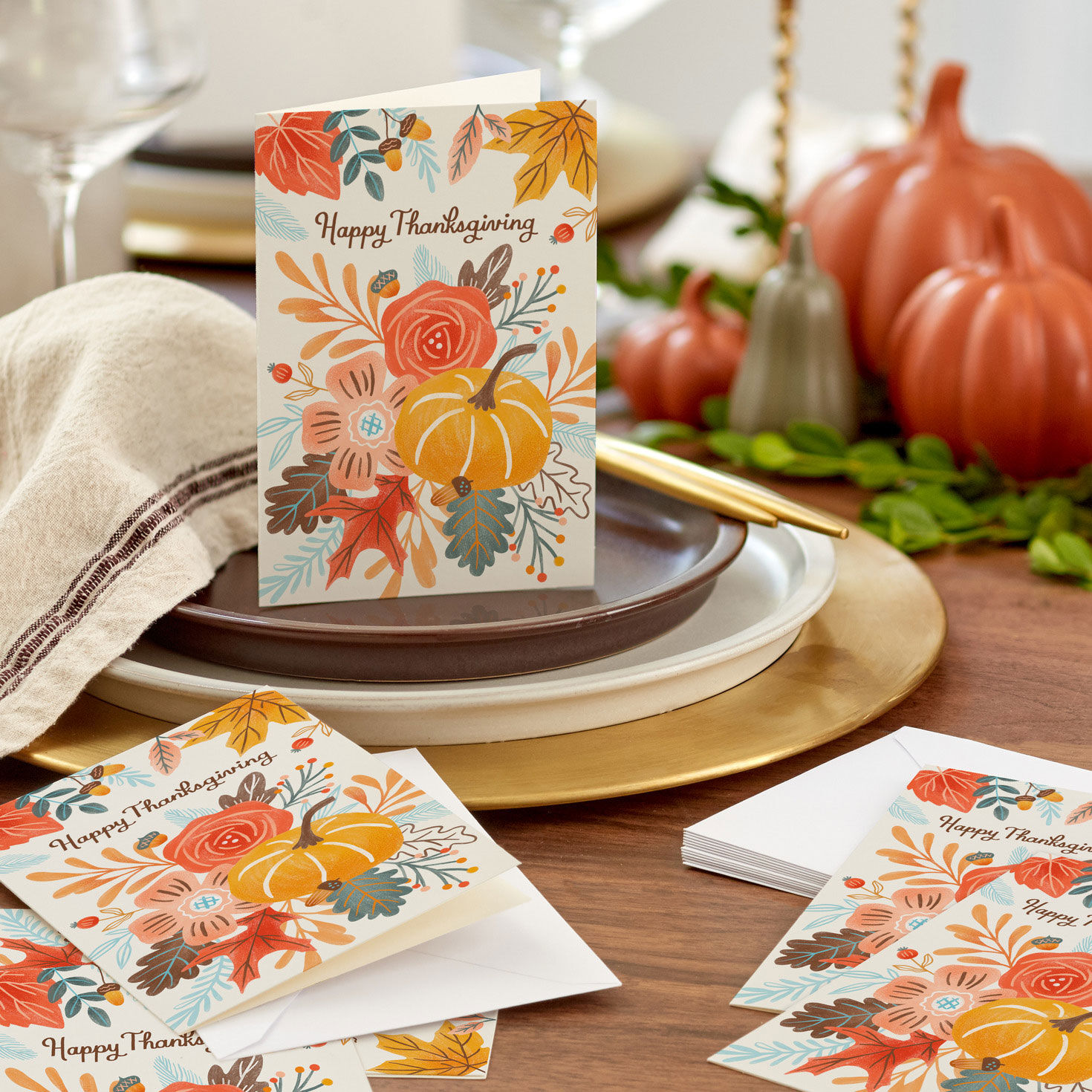 Pumpkin and Fall Flowers Thanksgiving Cards Pack in use image number 6