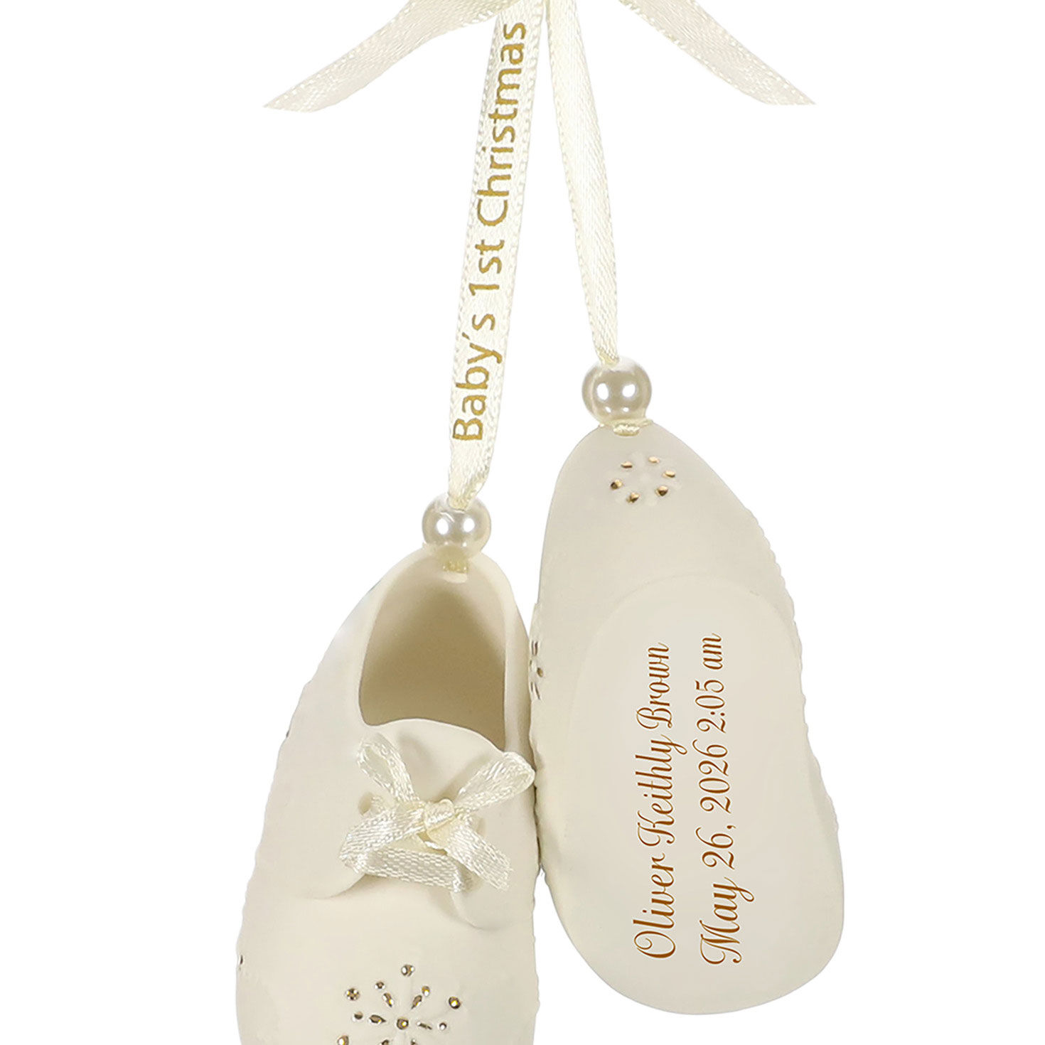 Baby&rsquo;s First Christmas Booties Porcelain Personalized Ornament, Custom Text closeup view image number 6