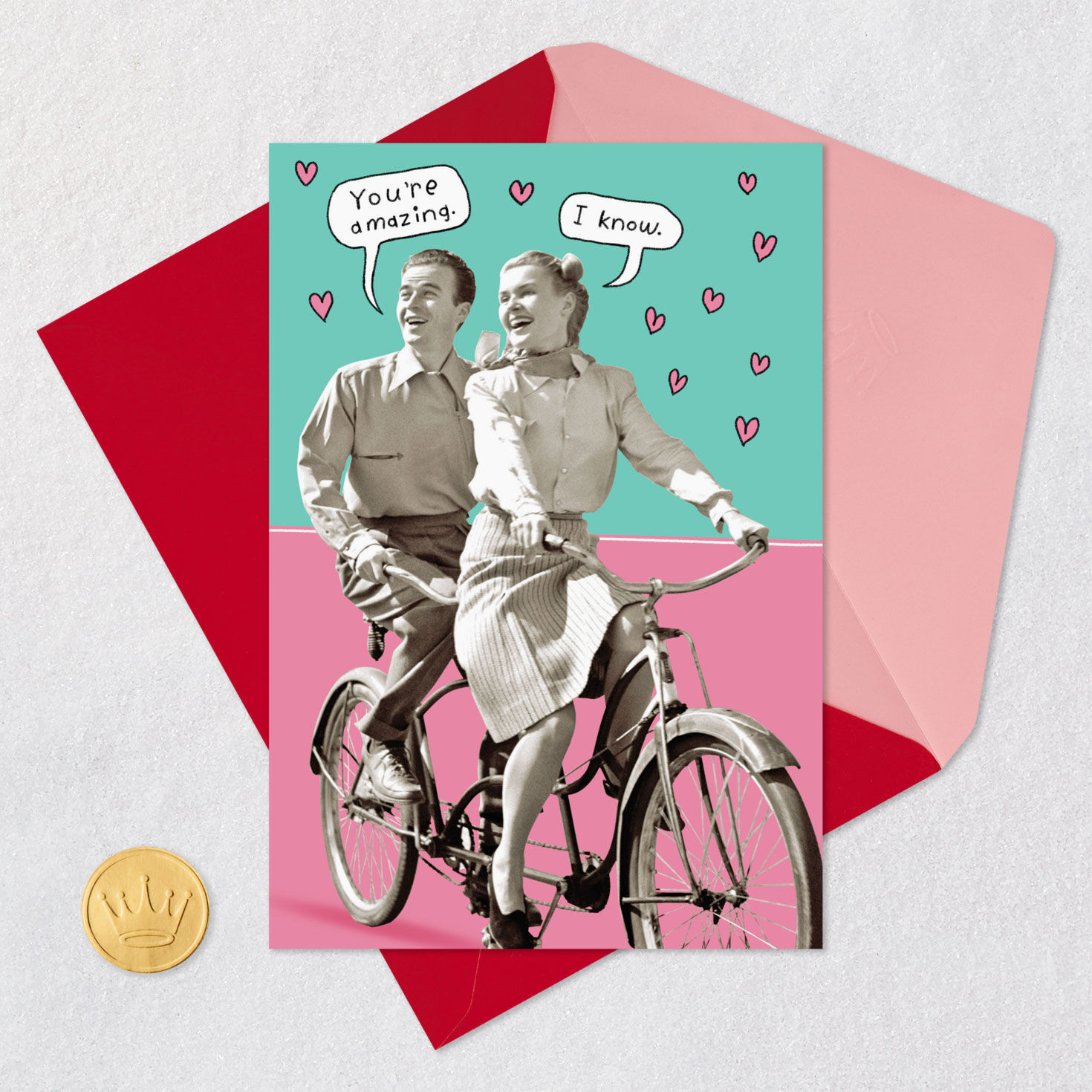 Retro Couple on Tandem Bike Funny Love Card Card Front with Envelope and Gold Seal image number 5