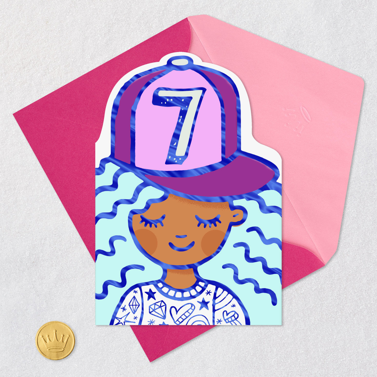 Girl in Baseball Cap 7th Birthday Card for Her Card Front with Envelope and Gold Seal image number 5