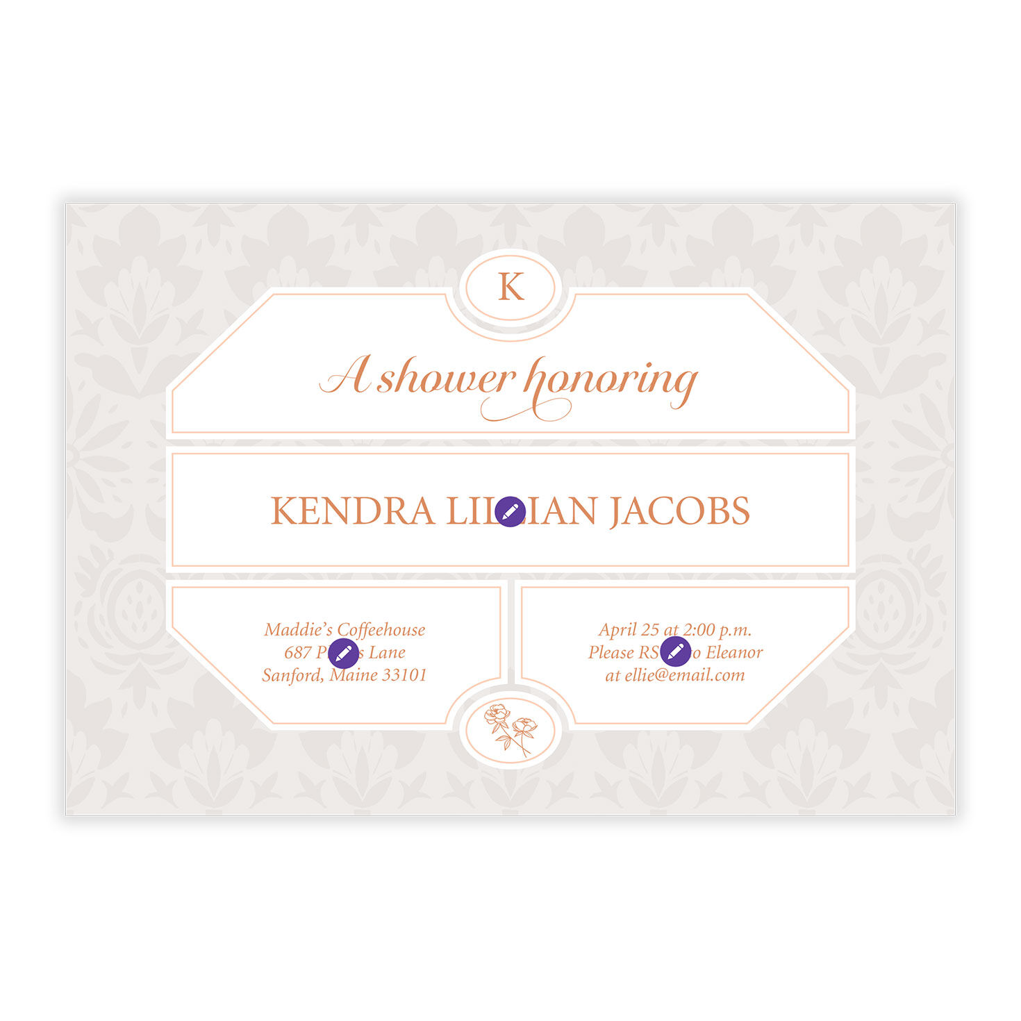 Damask Background Personalized Shower Invitation Card Front indicating personalization image number 5