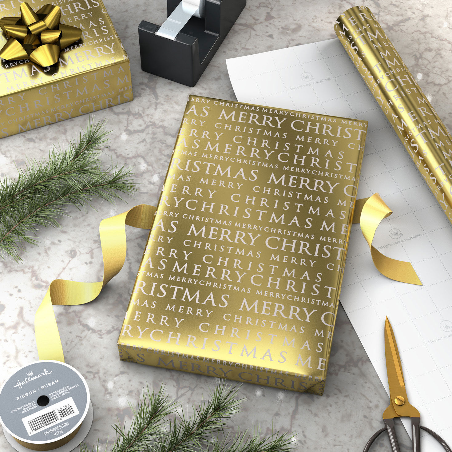Holographic Gold Foil Holiday Gift Wrap Roll Wrapped pkg image number 4