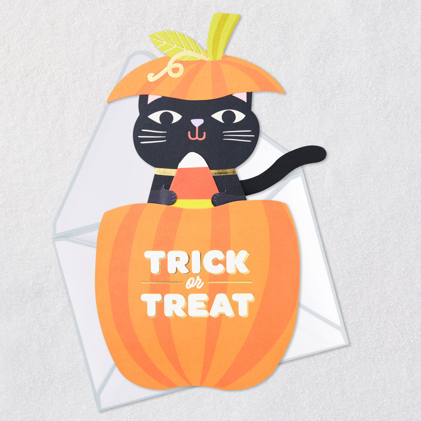 Cat Popping Out Pumpkin Halloween Card Open card with envelope image number 3