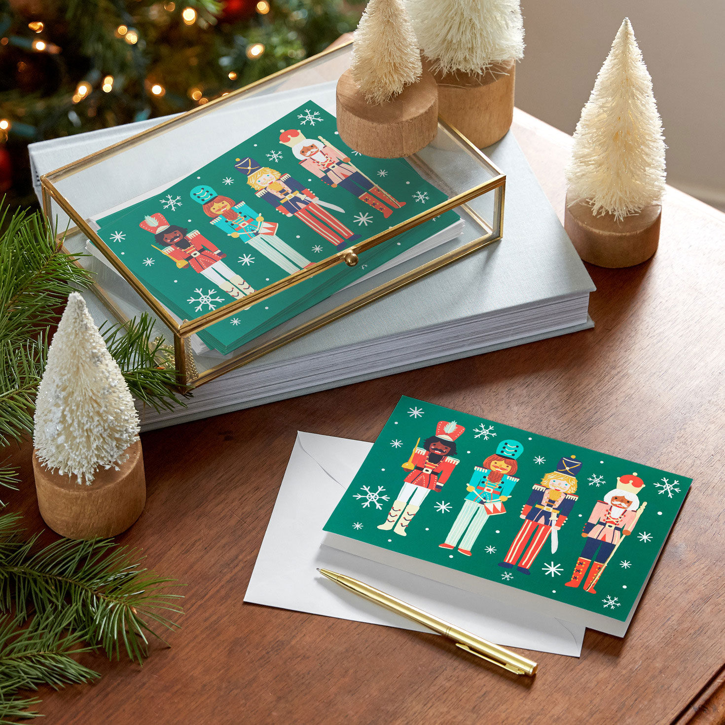 Nutcrackers on Green Boxed Christmas Cards Bulk Pack in use image number 7