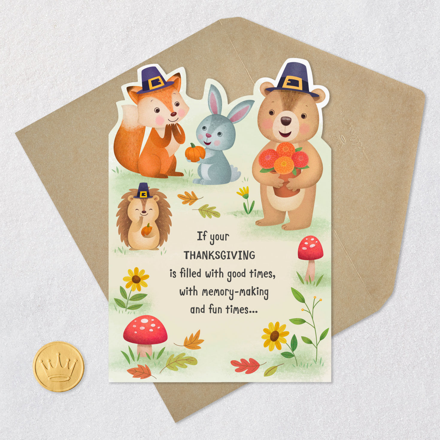 Woodland Friends Thanksgiving Card Card Front with Envelope and Gold Seal image number 5