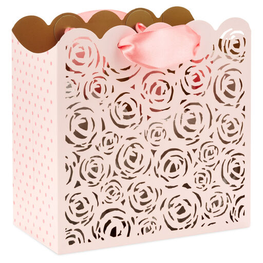 5.5" Pink Laser-Cut Roses Small Square Gift Bag, 