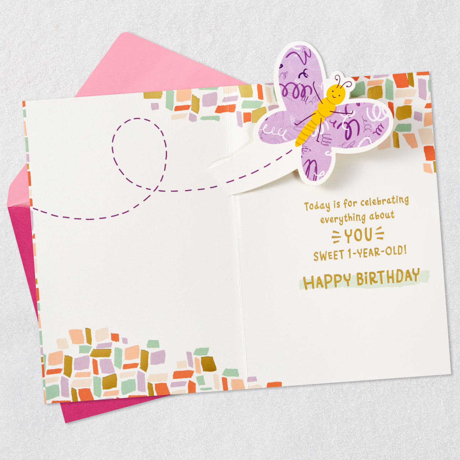 Purple Butterfly First Birthday Card for Kid Open card with envelope image number 2