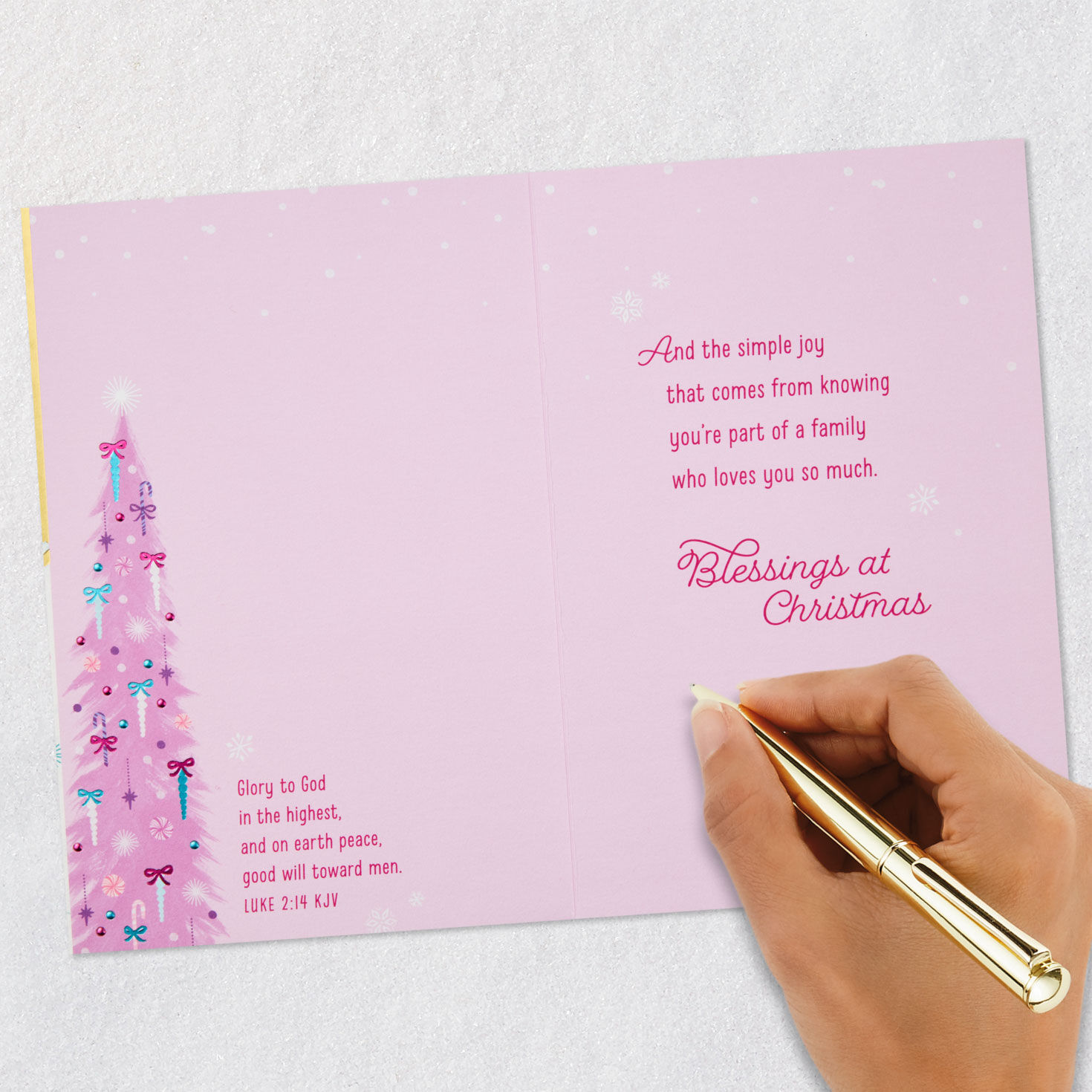 Tree Daughter and Family Religious Christmas Card signing card image number 7