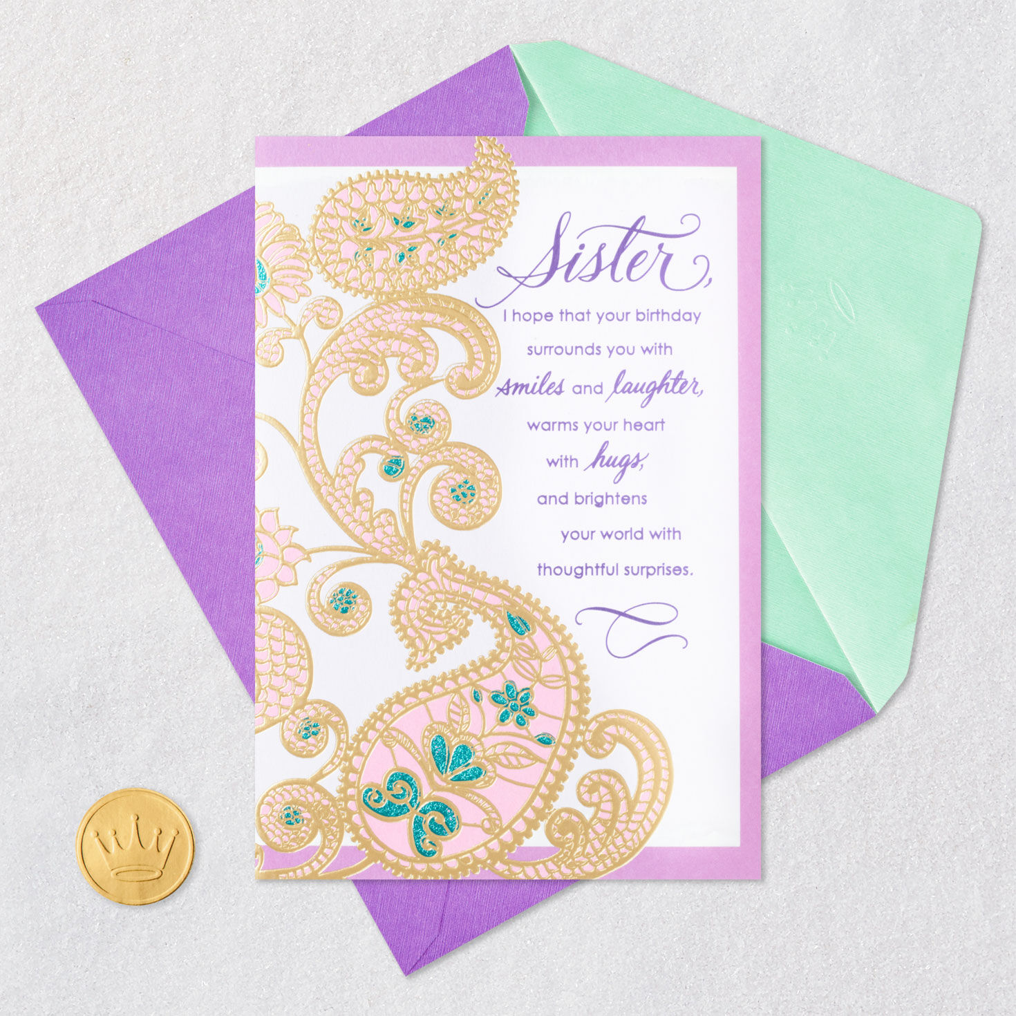 Pink, Blue and Gold Paisley Sister Birthday Card Card Front with Envelope and Gold Seal image number 6