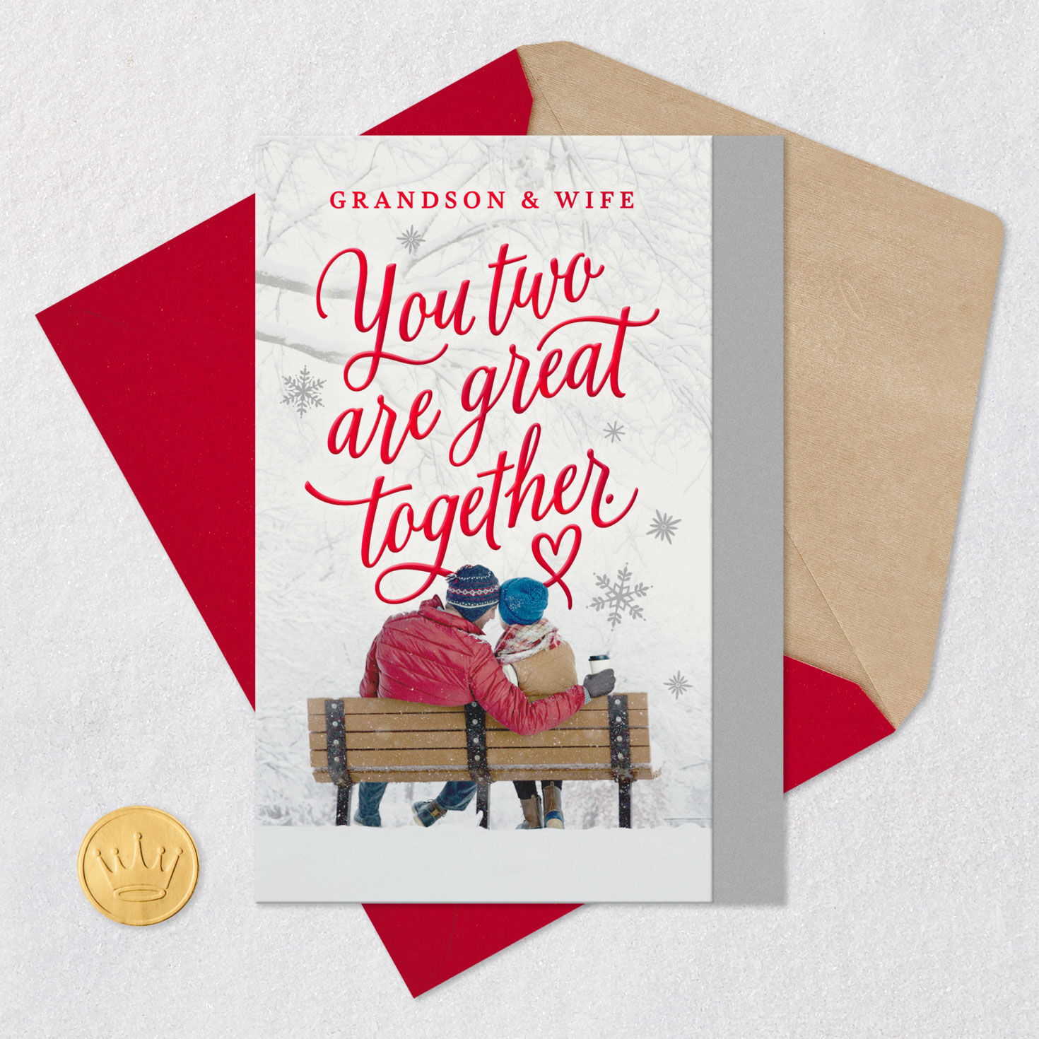 Snowy Couple Christmas Card for Grandson & Wife Card Front with Envelope and Gold Seal image number 5