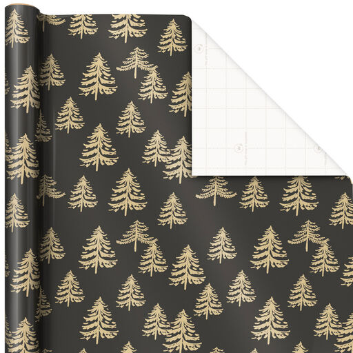 Pine Trees on Black Christmas Wrapping Paper, 40 sq. ft., 