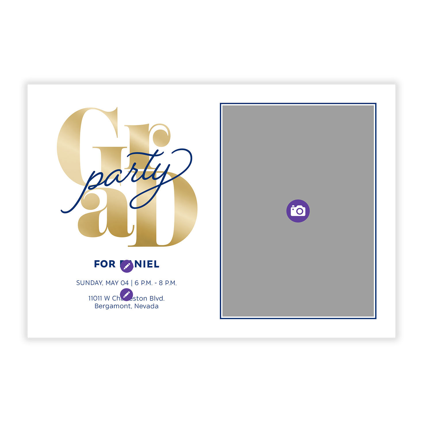 Gold and Blue Personalized Grad Party Invitation Card Front indicating personalization image number 5