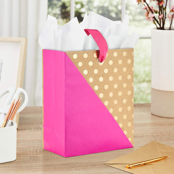 Fuchsia and Gold Mini Dots on Kraft Medium Gift Bag, 9.6", , large image number 2