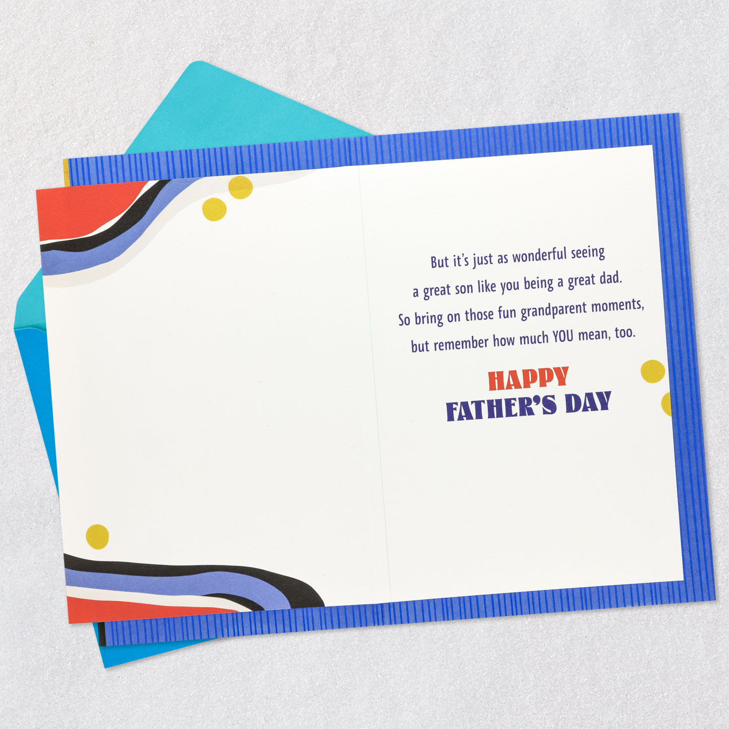 Blue and Red Abstract Art Fathers Day Card for Son Open card with envelope image number 3