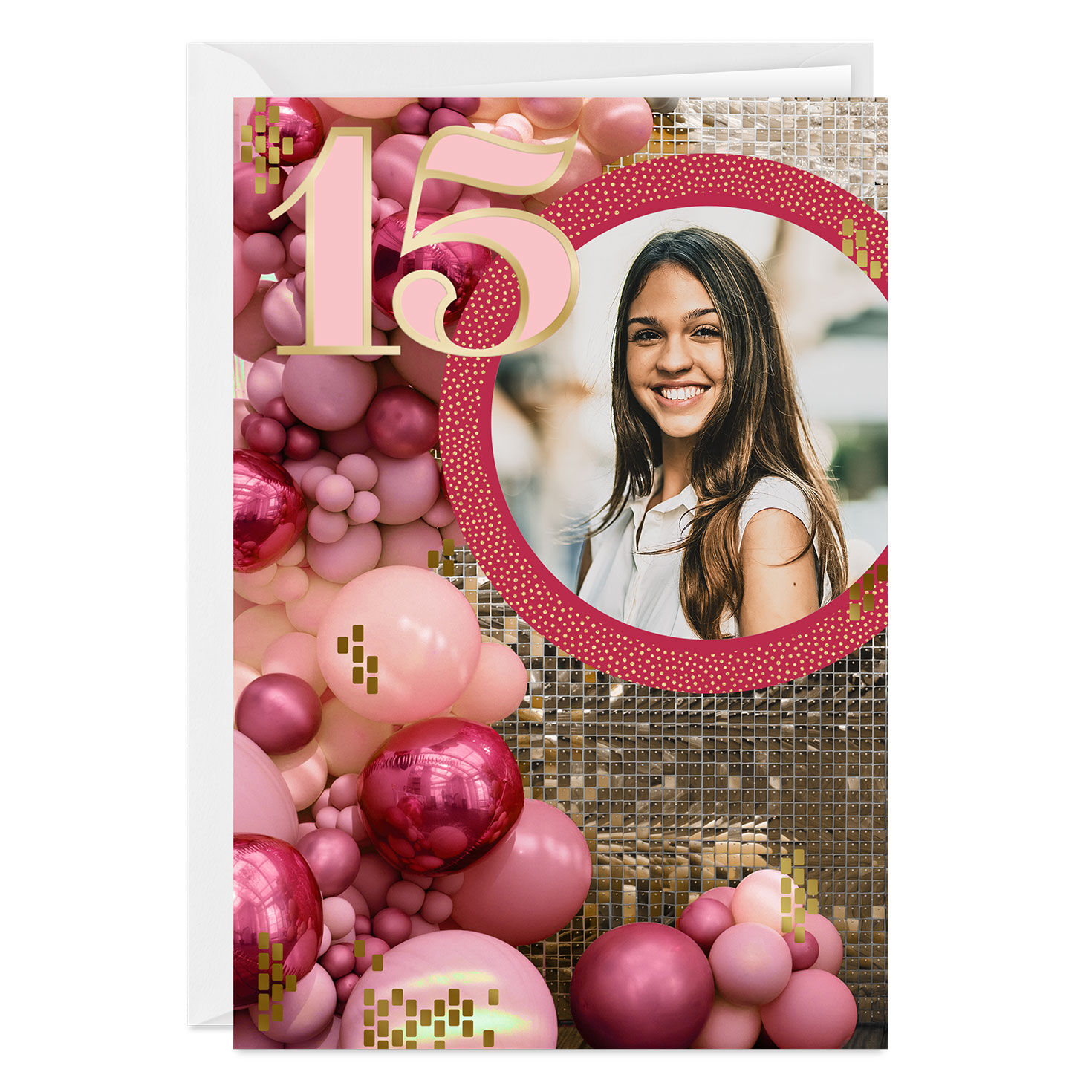 Sequins and Balloons Spanish-Language Custom Quinceañera Card