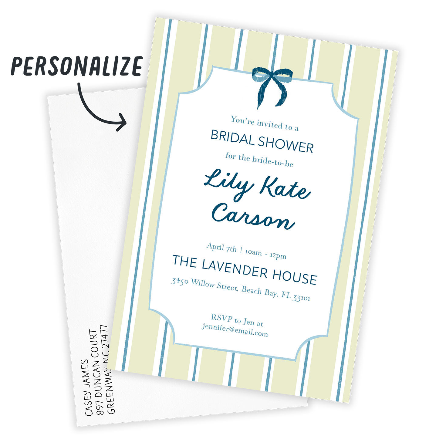 Blue Beige Stripes Personalized Shower Invitation Card front with Envelope indicating personalization image number 2