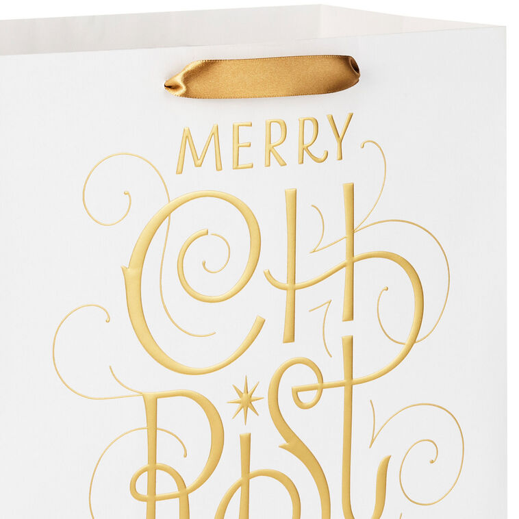 Merry Christmas Calligraphy on White Large Gift Bag Handle Detail image number 4