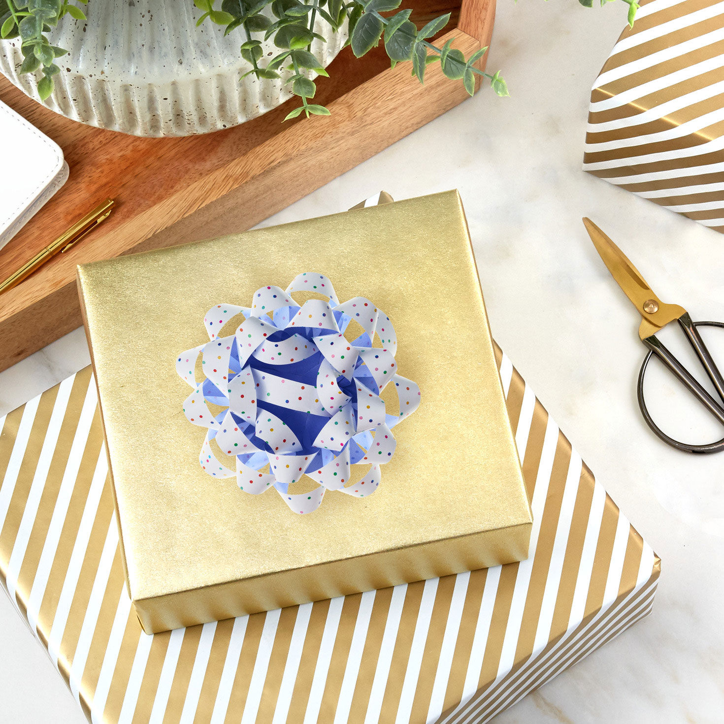 White With Dots and Periwinkle on Reverse Gift Bow In use image number 2