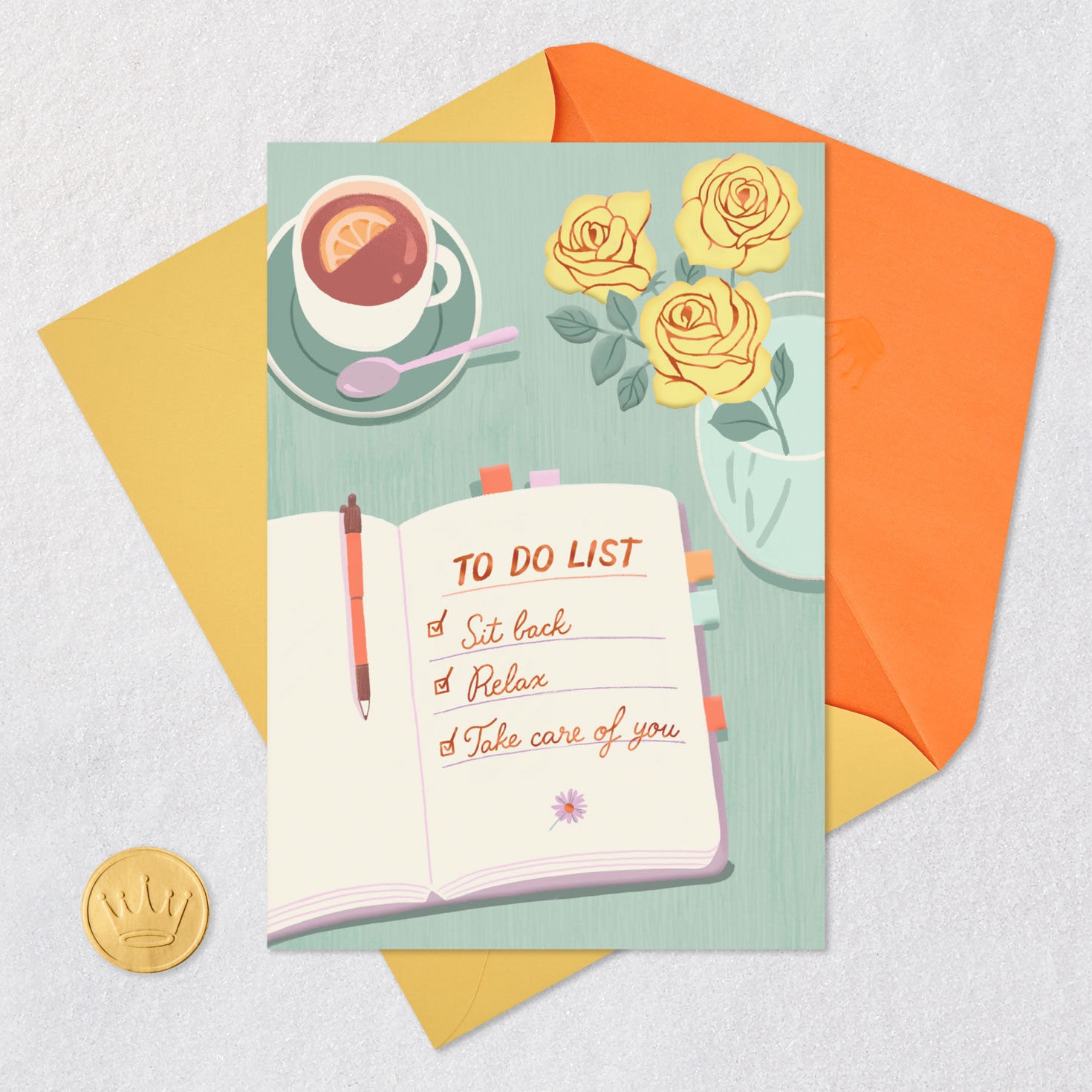 Tea and To Do List Green Get Well Card Card Front with Envelope and Gold Seal image number 5