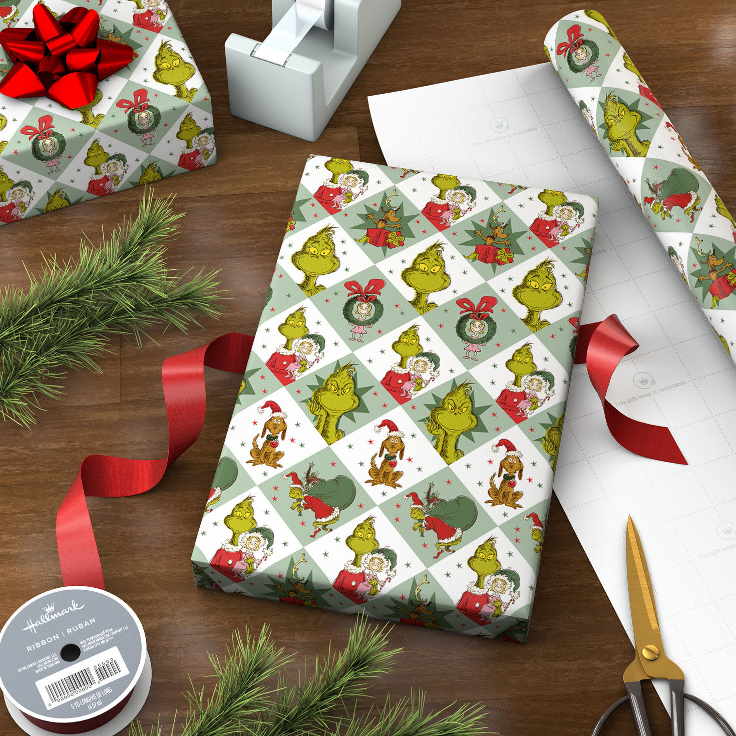 Grinch on Colored Squares Jumbo Wrapping Paper Roll Wrapped package image number 3