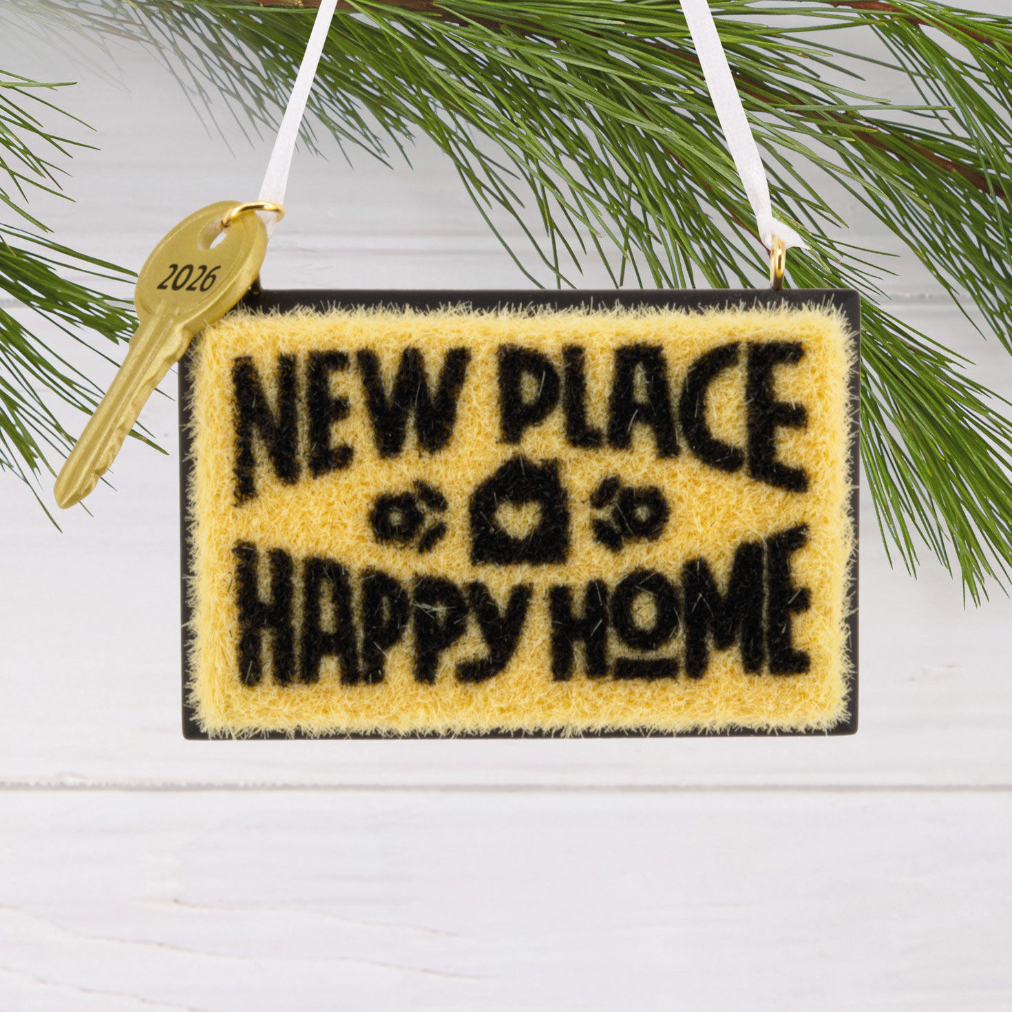 New Place Happy Home Doormat Christmas Ornament hanging on tree image number 2