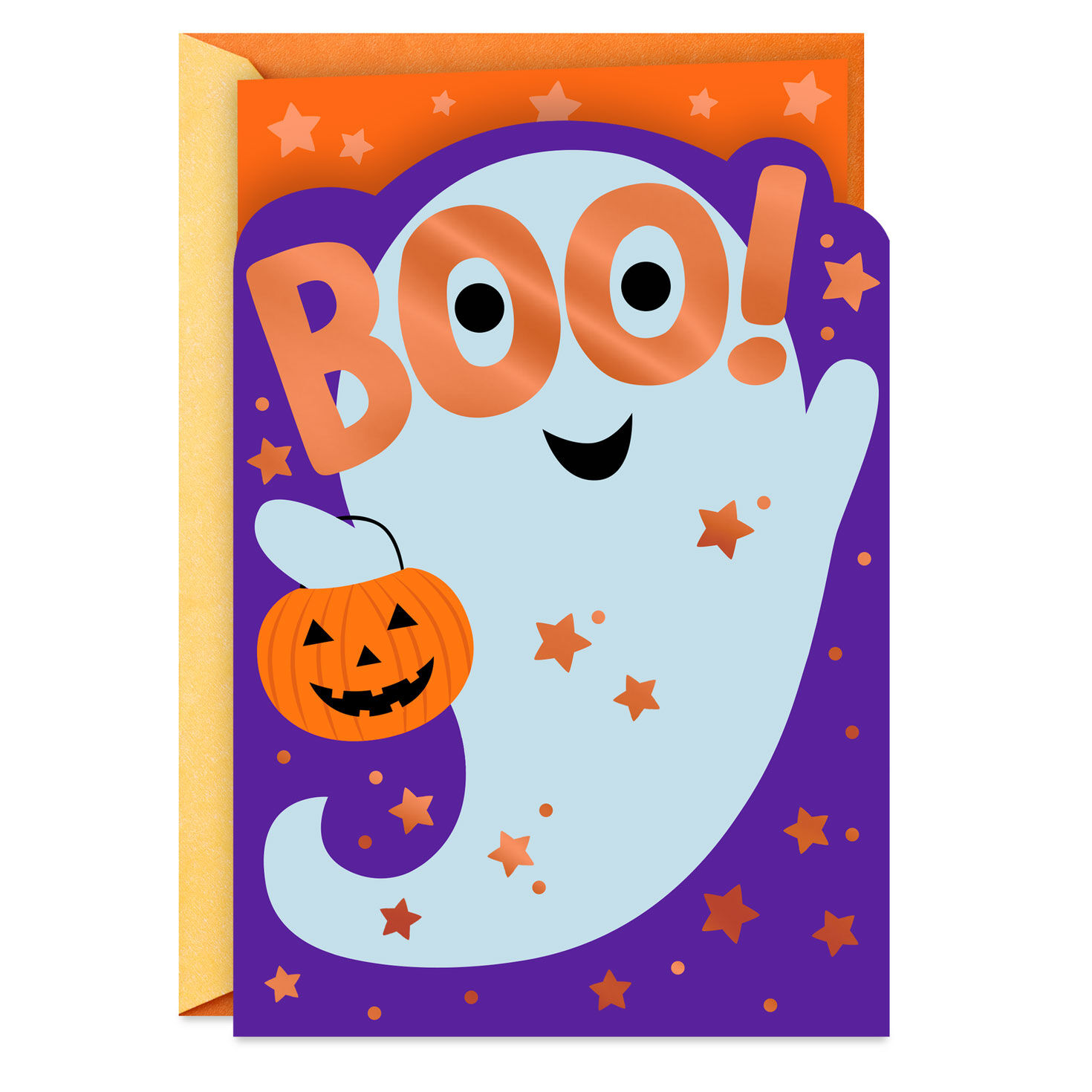 Cute Ghost With Pumpkin Bucket Kids Halloween Card Card Front image number 1