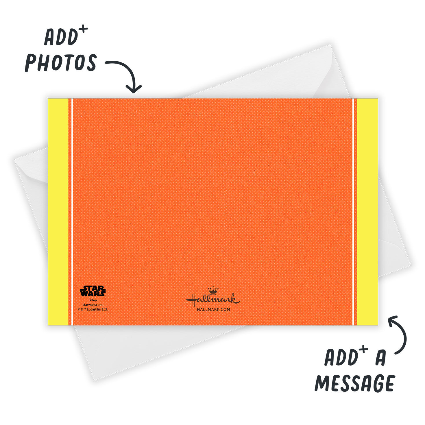 Darth Vader on Orange Personalized Party Invitation Card back with Envelope indicating personalization image number 3