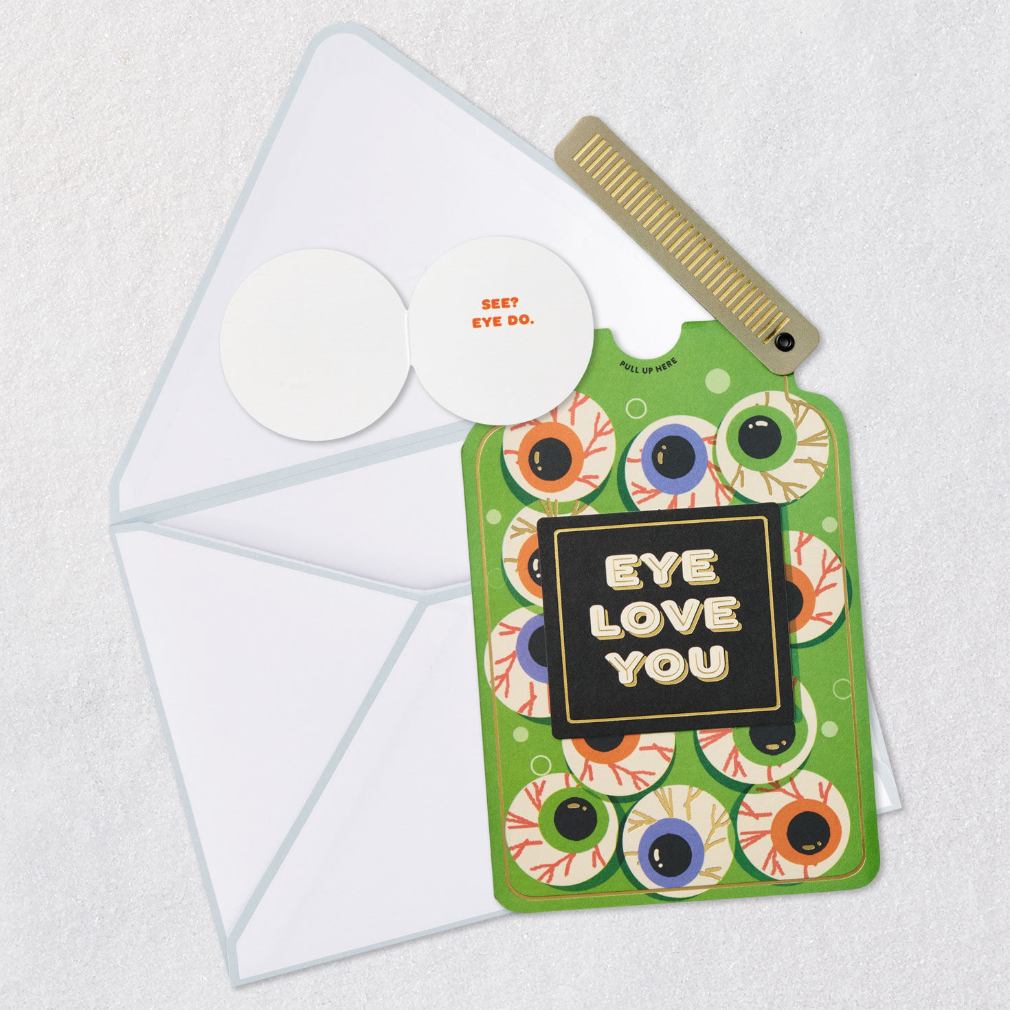 Eyes in Jar "Eye Love You" Halloween Card Open card with envelope image number 3