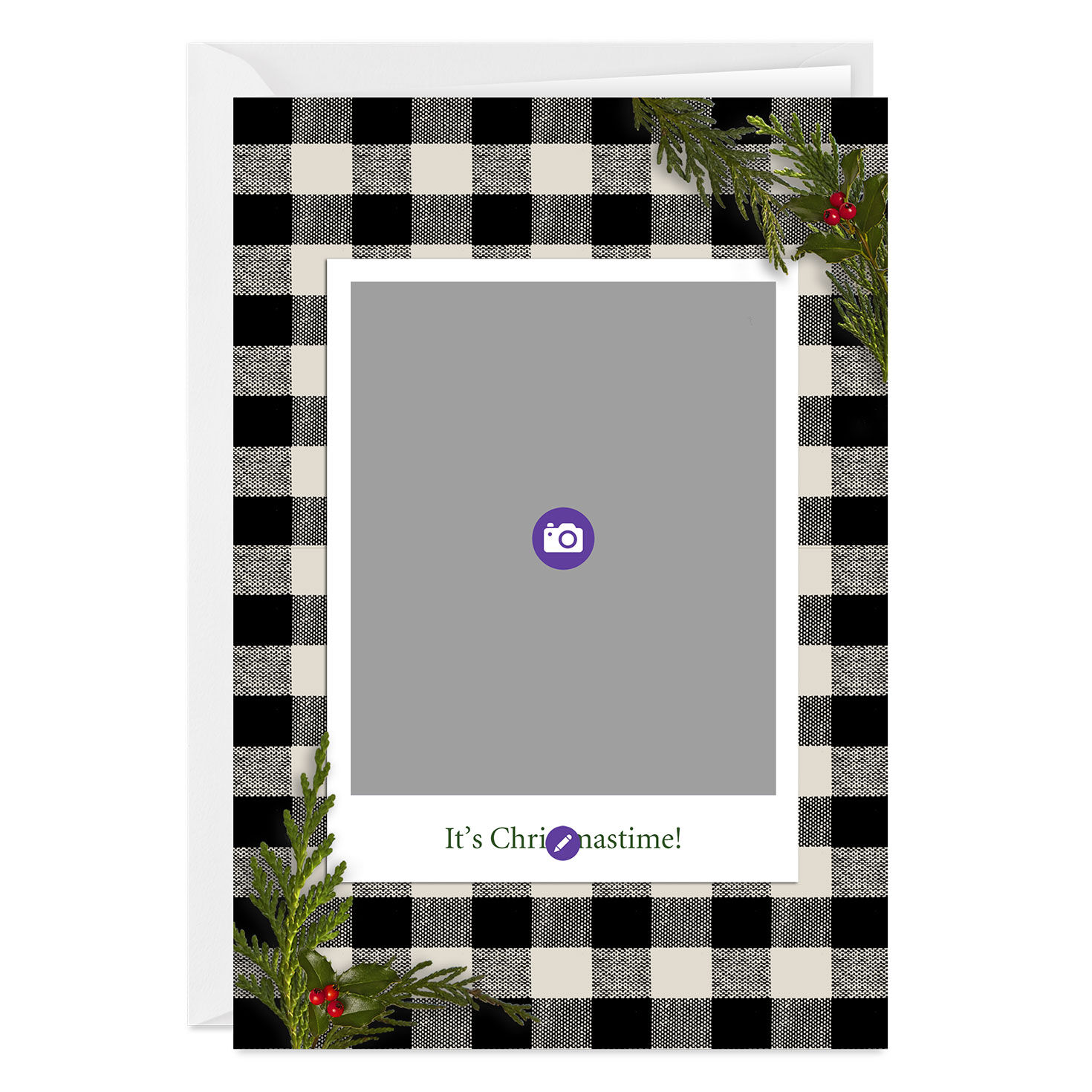 Black White Check Frame Personalized Christmas Card Card Front indicating personalization image number 3