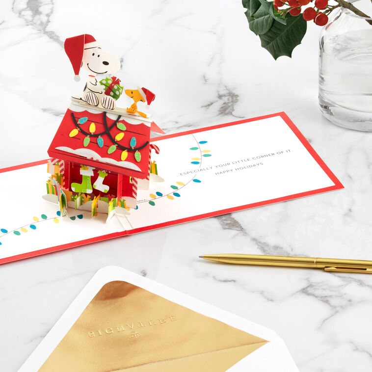 Hallmark Weihnachtskarte, Peanuts Comics, Peanuts Gang, Musik, Beleuchtet, Pop-Up-Weihnachtskarte, 3D-Weihnachtskarte, Rot