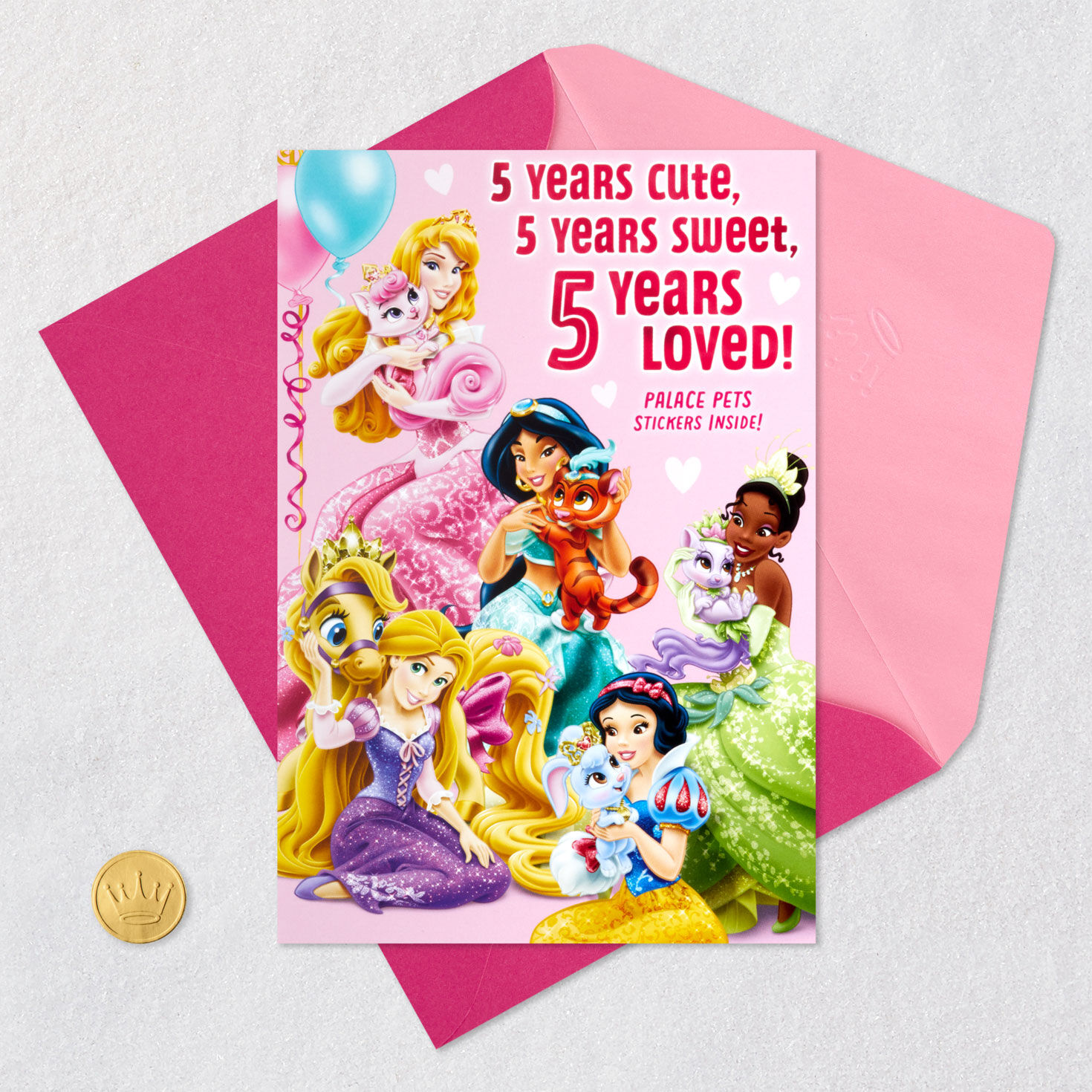 Disney Princess Pets Stickers 5th Birthday Card for Her Card Front with Envelope and Gold Seal image number 6