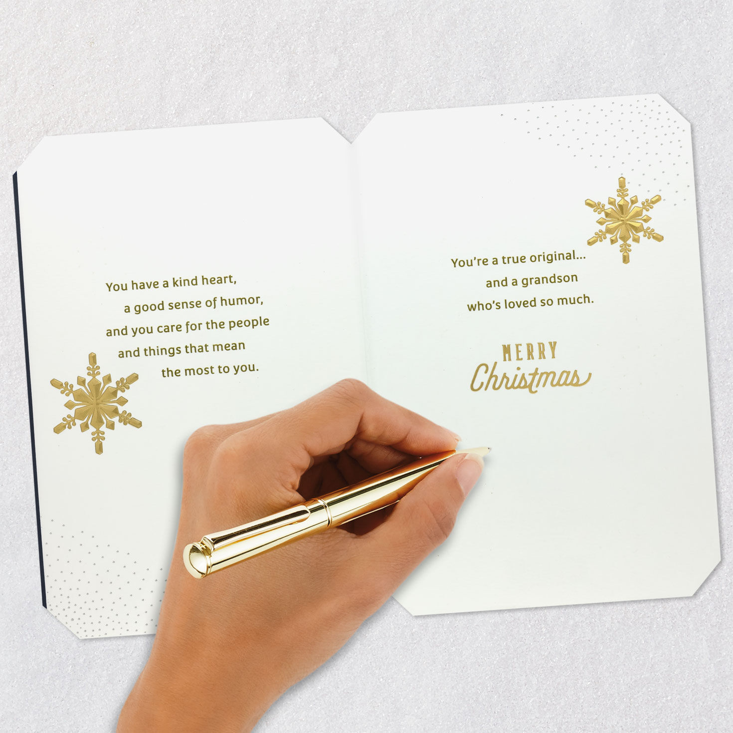 Gold Snowflake on Navy Christmas Card for Grandson Signing card image number 7