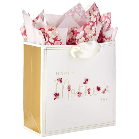Cursive Floral Mother's Day Large Gift Bag With Tissue, 13", , large