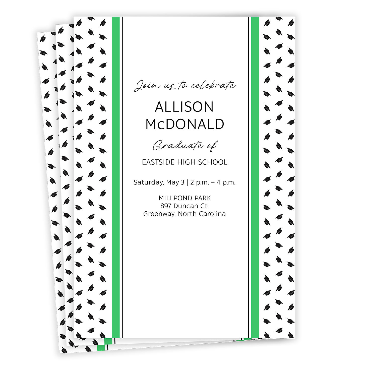 Green and Black Preppy Hats Flat Graduation Party Invitation