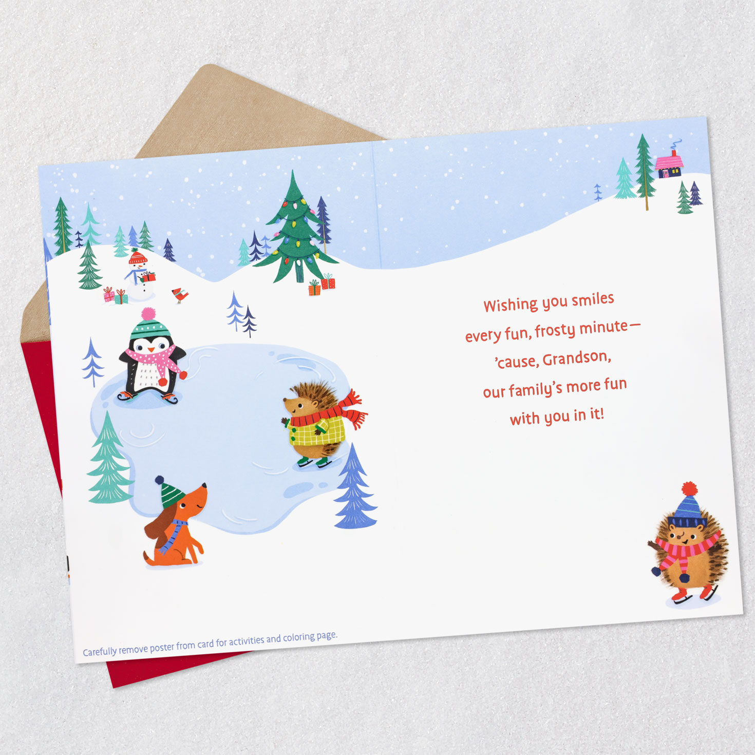 Snowy Winter Scene Christmas Card for Grandson Open card with envelope image number 4